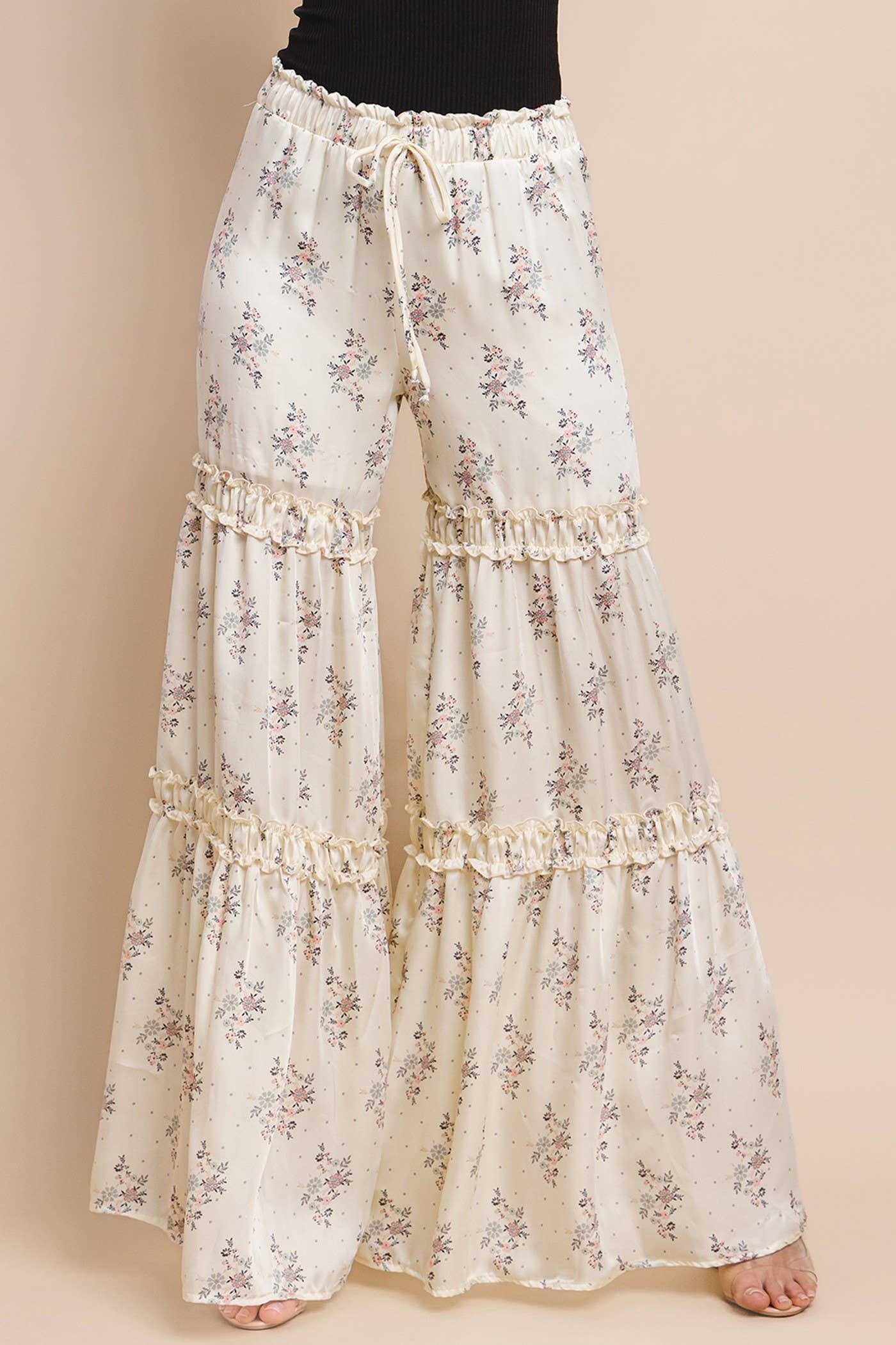 SATEEN FLORAL PRINT TIERED PALAZZO PANTS