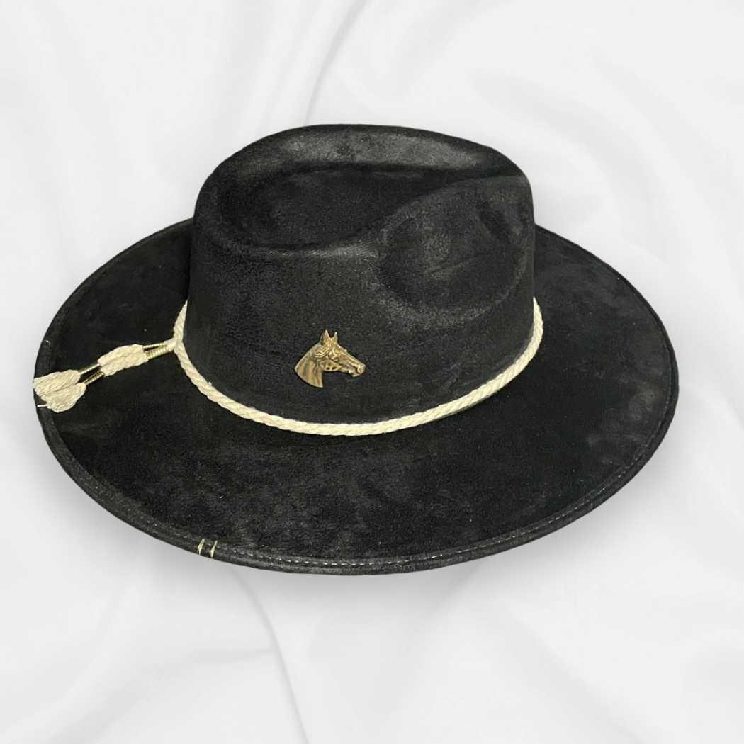 Vegan Suede Cowboy Hat with Vintage Horse Pin & Coastal Rope Band
