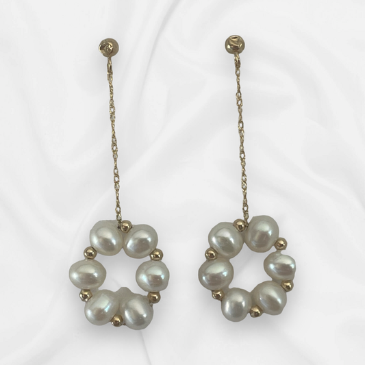 14K Gold Dangle Earrings with Fresh Water Pearl Flower