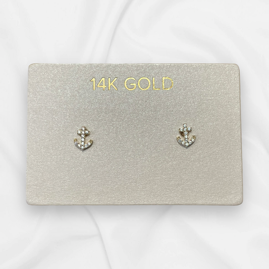 14K Gold Anchor Stud Earrings