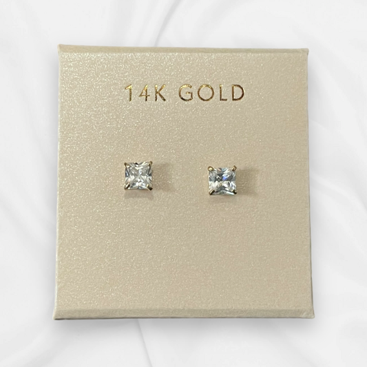 14K Gold Petite Princess Cut Square Earrings
