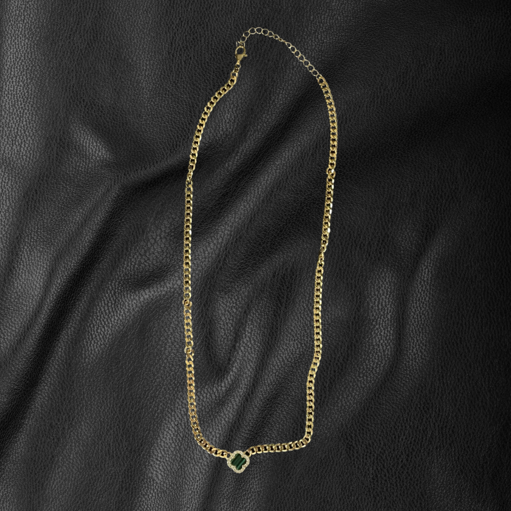 18K Gold Plated Sterling Silver Chain Necklace - Genuine Stone & Crystal Clover