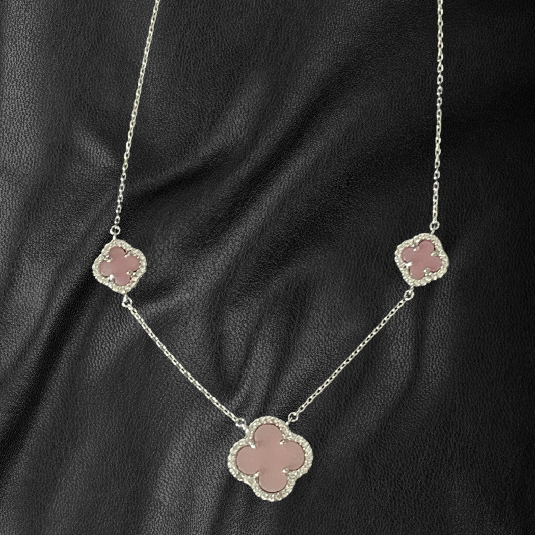 Sterling Silver Fine Gauge Square Link Necklace with Pink Stone & Crystal Clovers