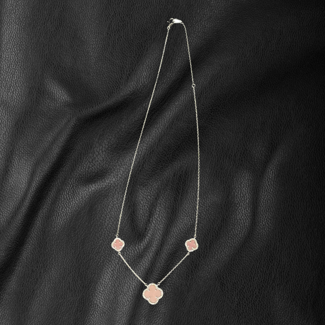 Sterling Silver Fine Gauge Square Link Necklace with Pink Stone & Crystal Clovers