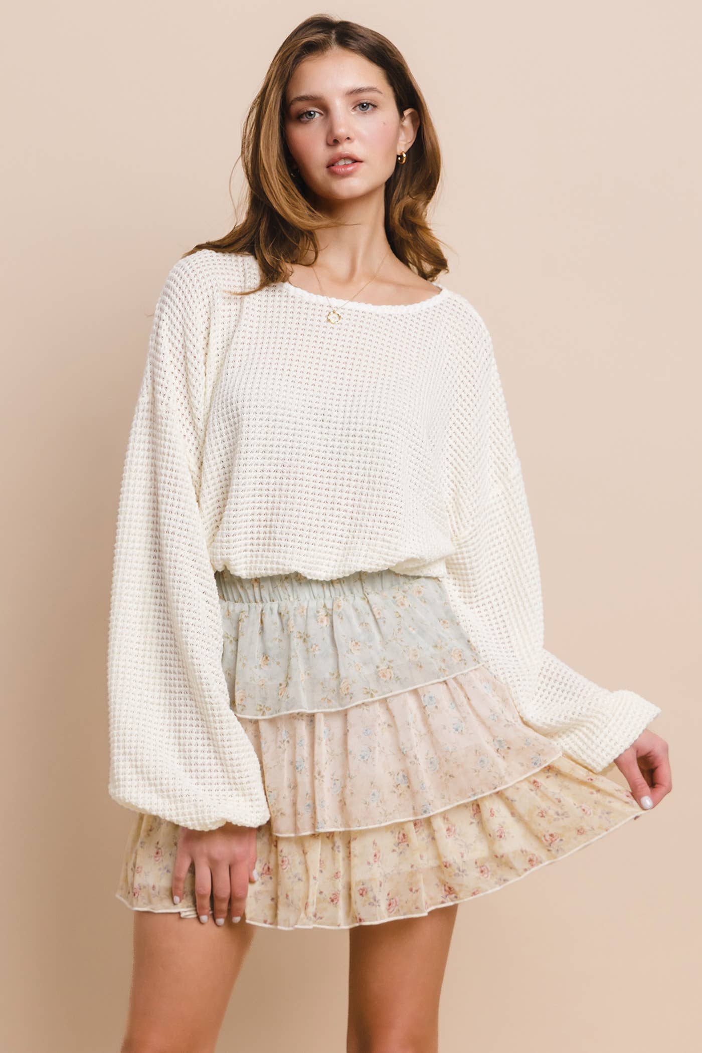 WAFFLE KNIT BUBBLE SLEEVE TOP