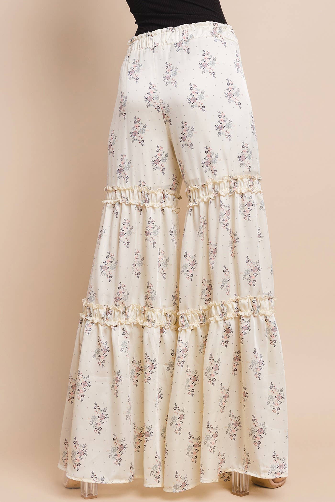 SATEEN FLORAL PRINT TIERED PALAZZO PANTS