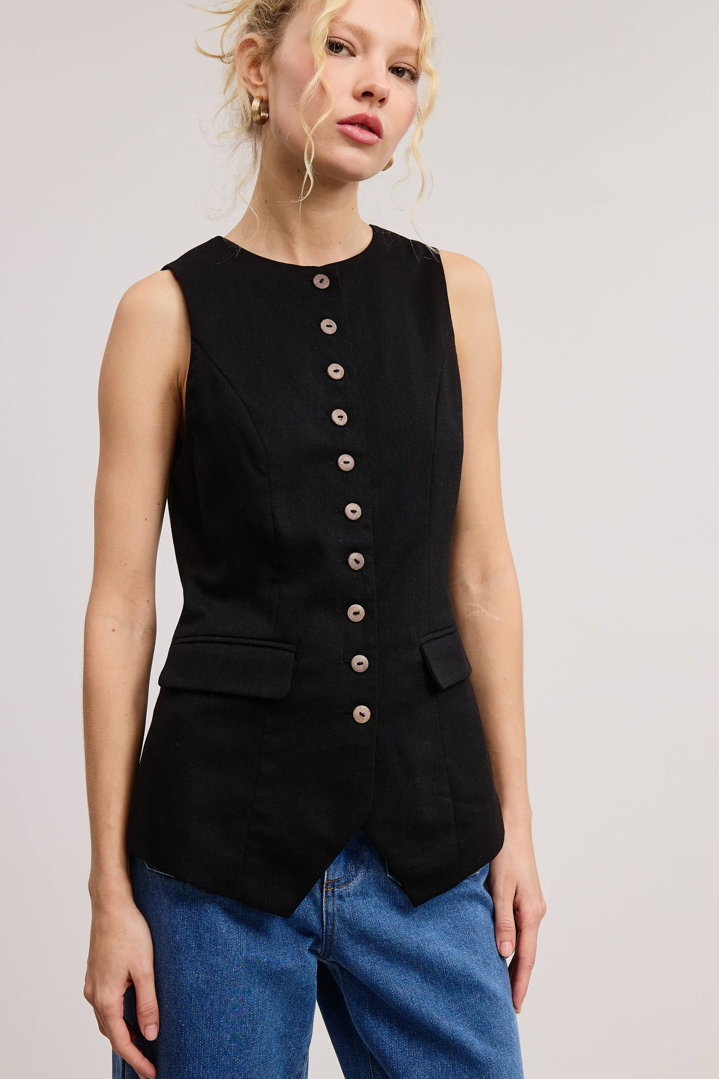 TAILORED BUTTONED VEST ADJUSTABLE BACK BELT