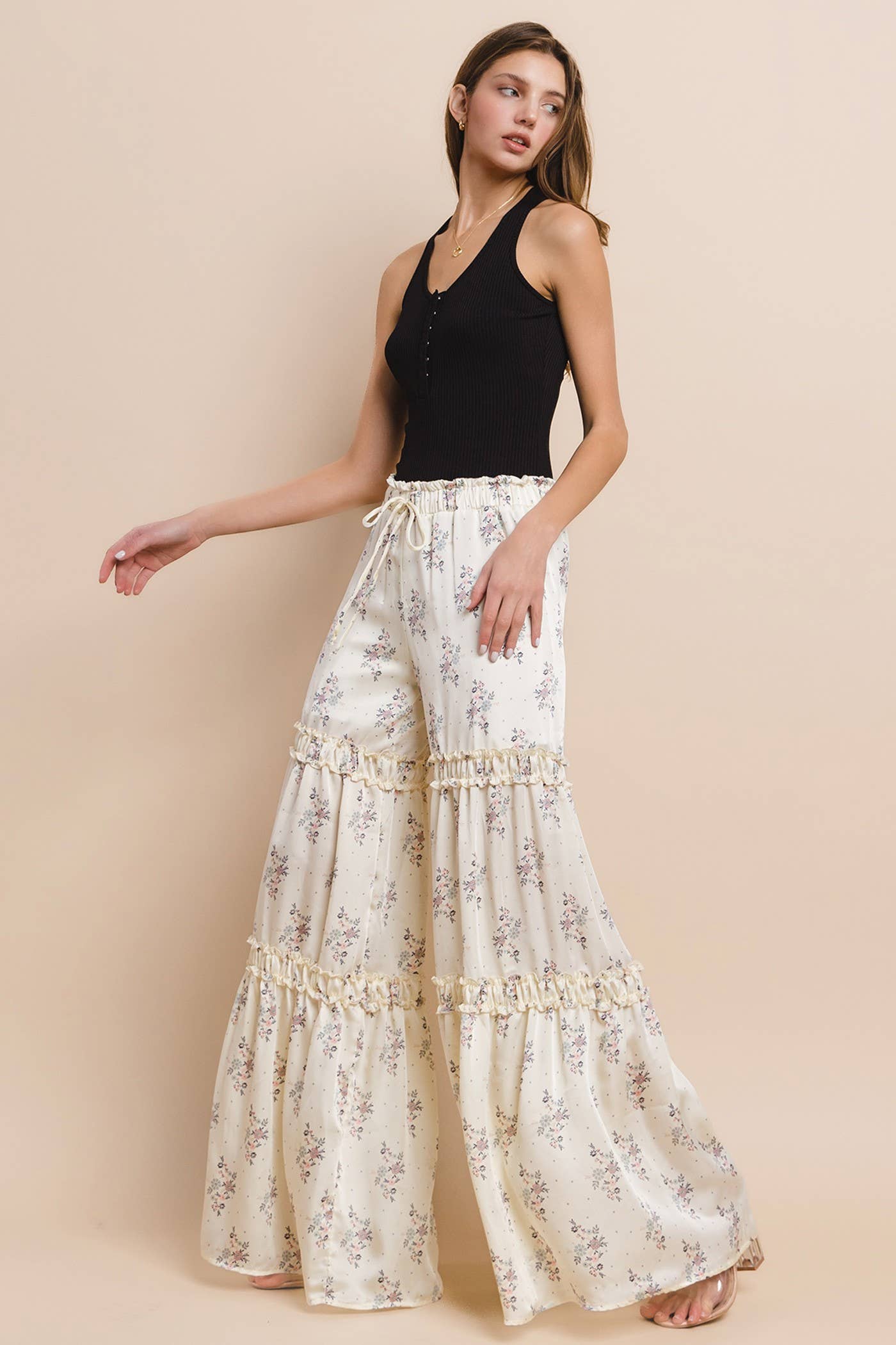 SATEEN FLORAL PRINT TIERED PALAZZO PANTS