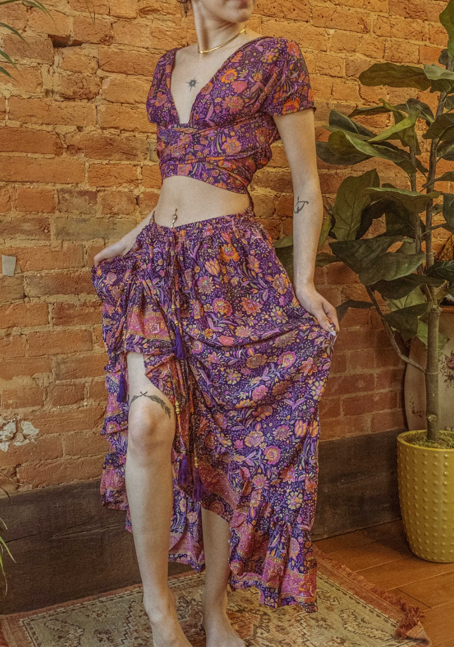 Silk Ruffle Maxi Skirt with Cinch & Flowers