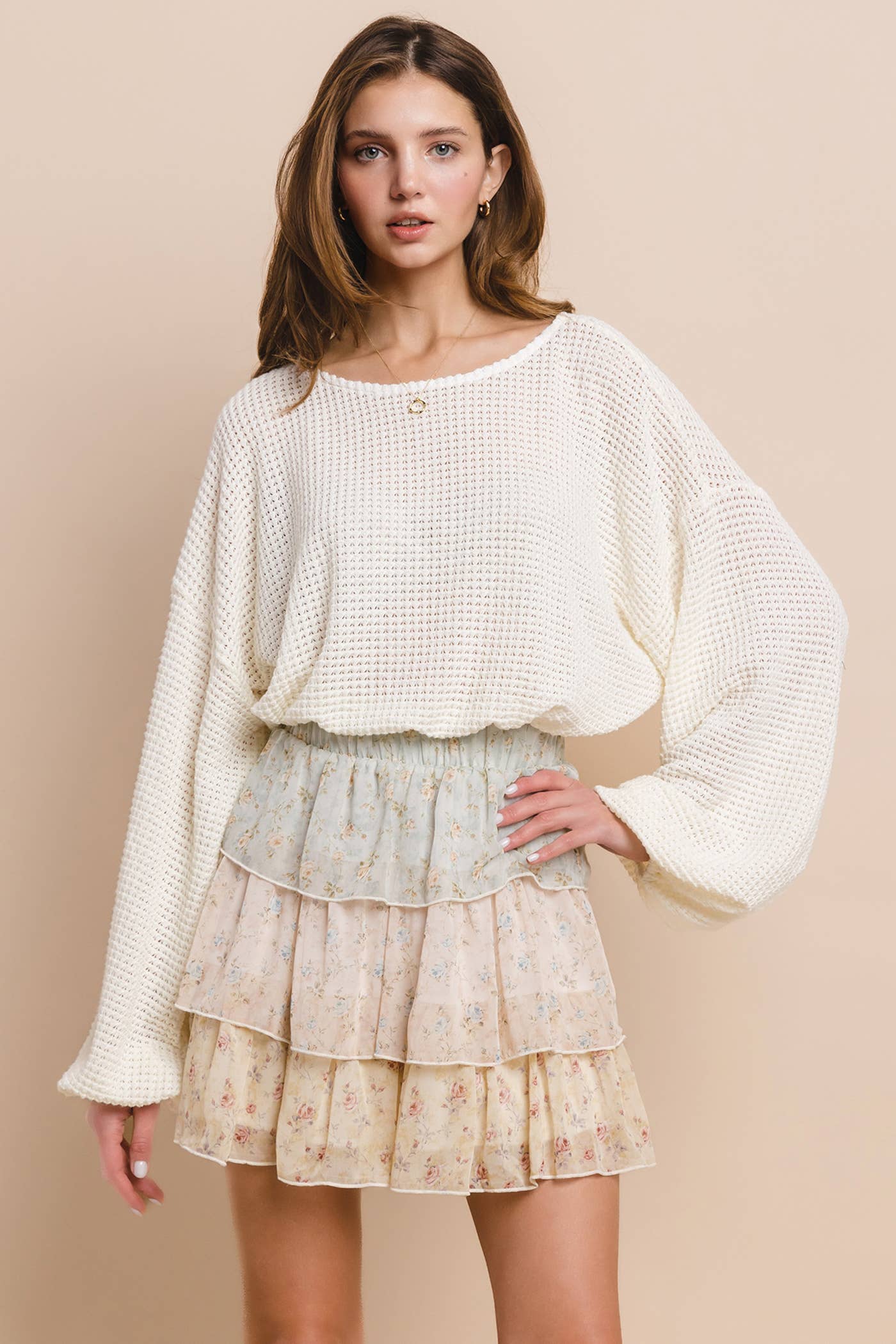 WAFFLE KNIT BUBBLE SLEEVE TOP