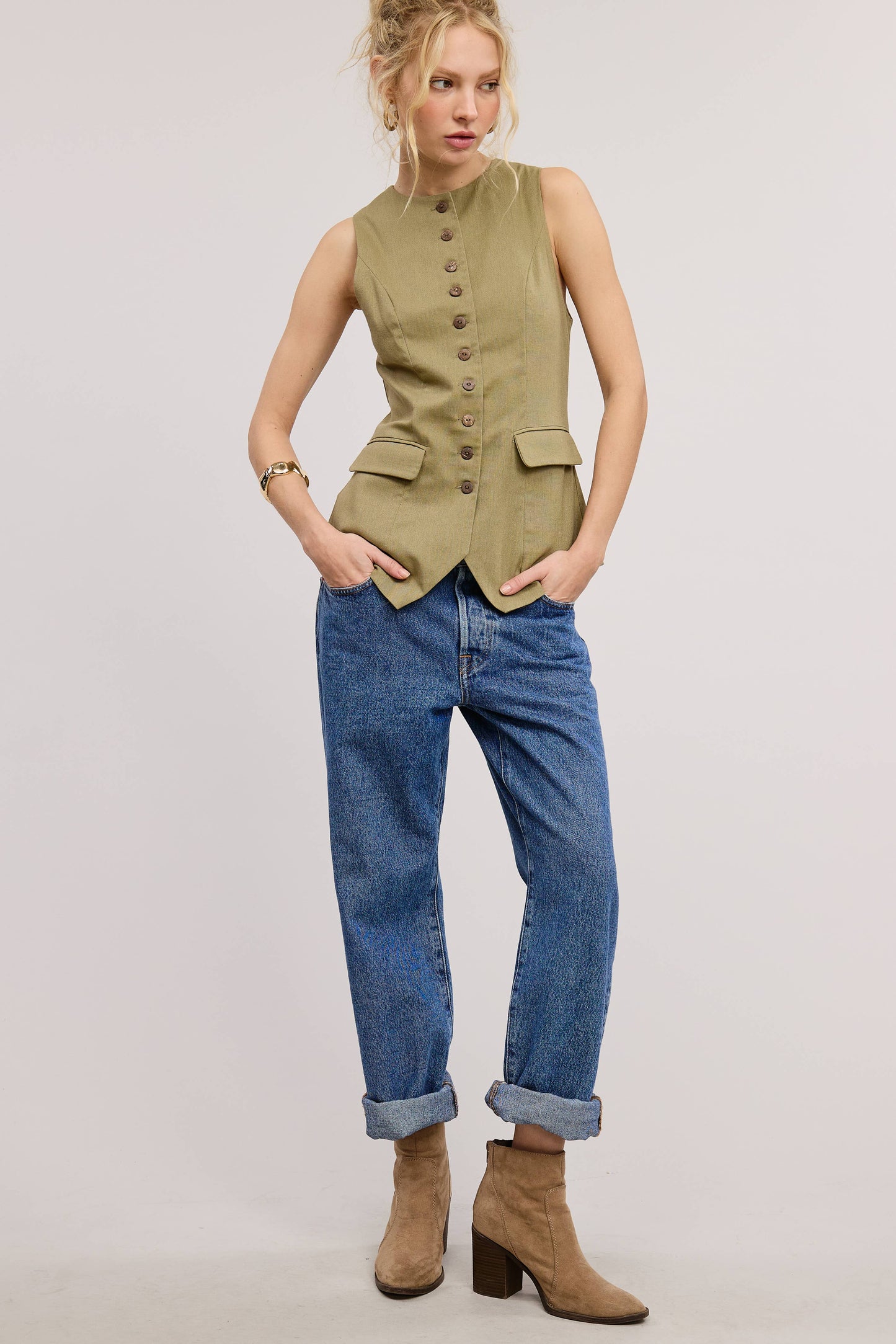 TAILORED BUTTONED VEST ADJUSTABLE BACK BELT