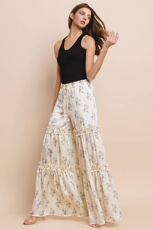 SATEEN FLORAL PRINT TIERED PALAZZO PANTS