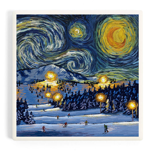 CERAMIC COASTER Ski Resort with Mountain, Starry Night