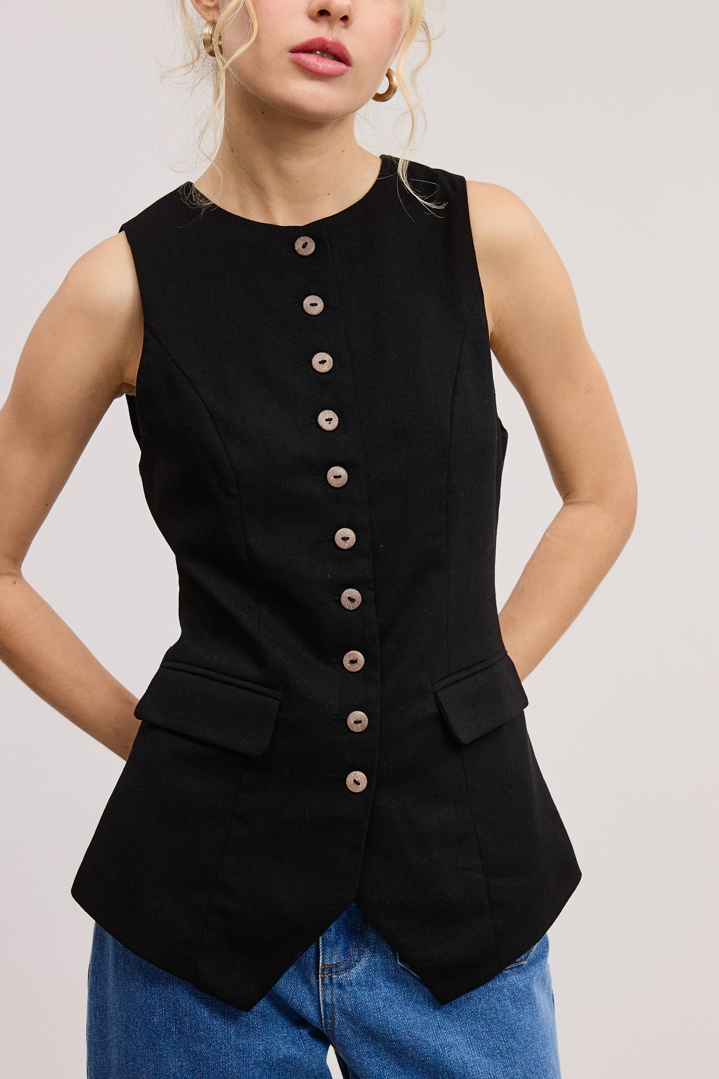 TAILORED BUTTONED VEST ADJUSTABLE BACK BELT