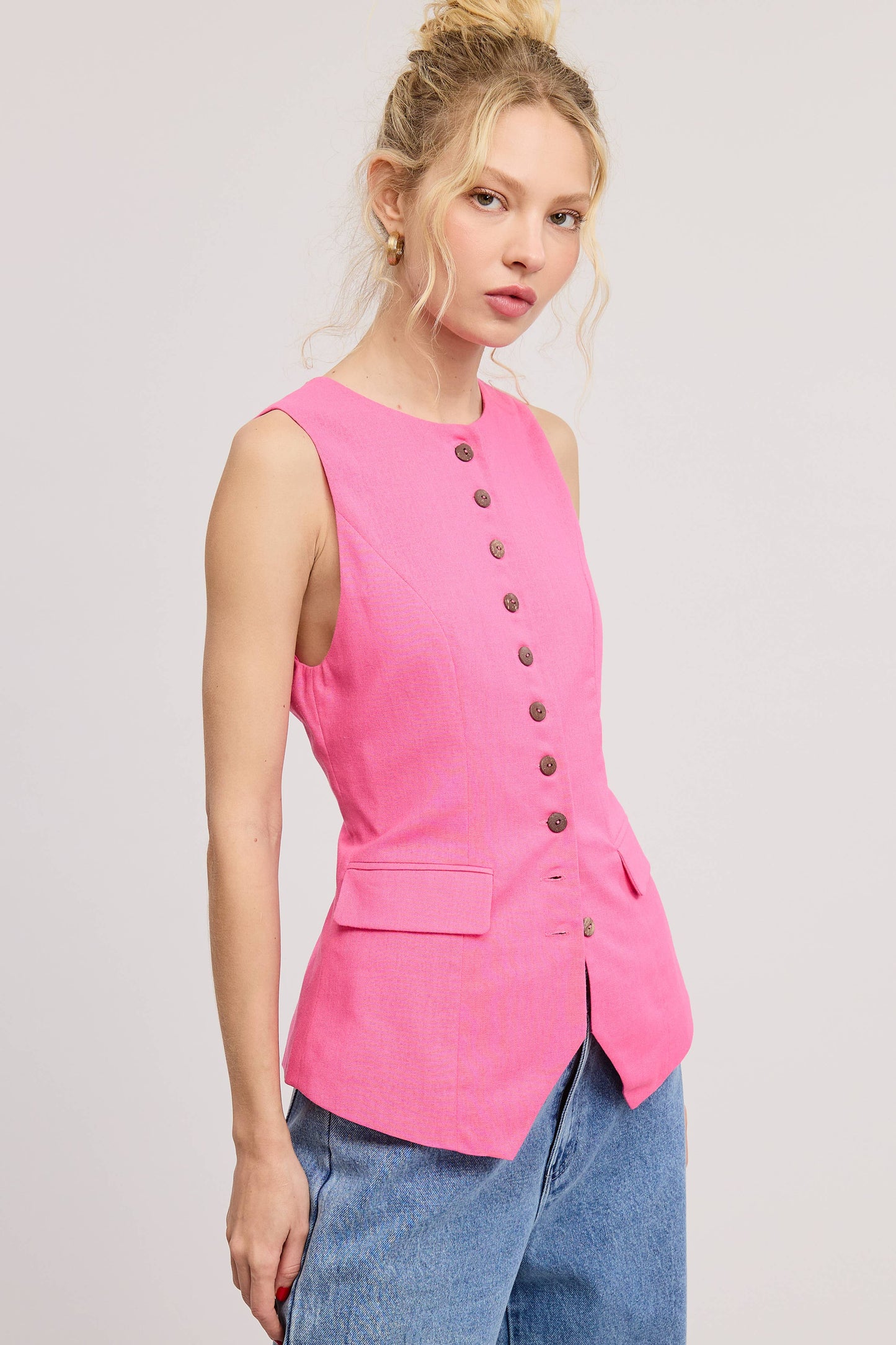 TAILORED BUTTONED VEST ADJUSTABLE BACK BELT