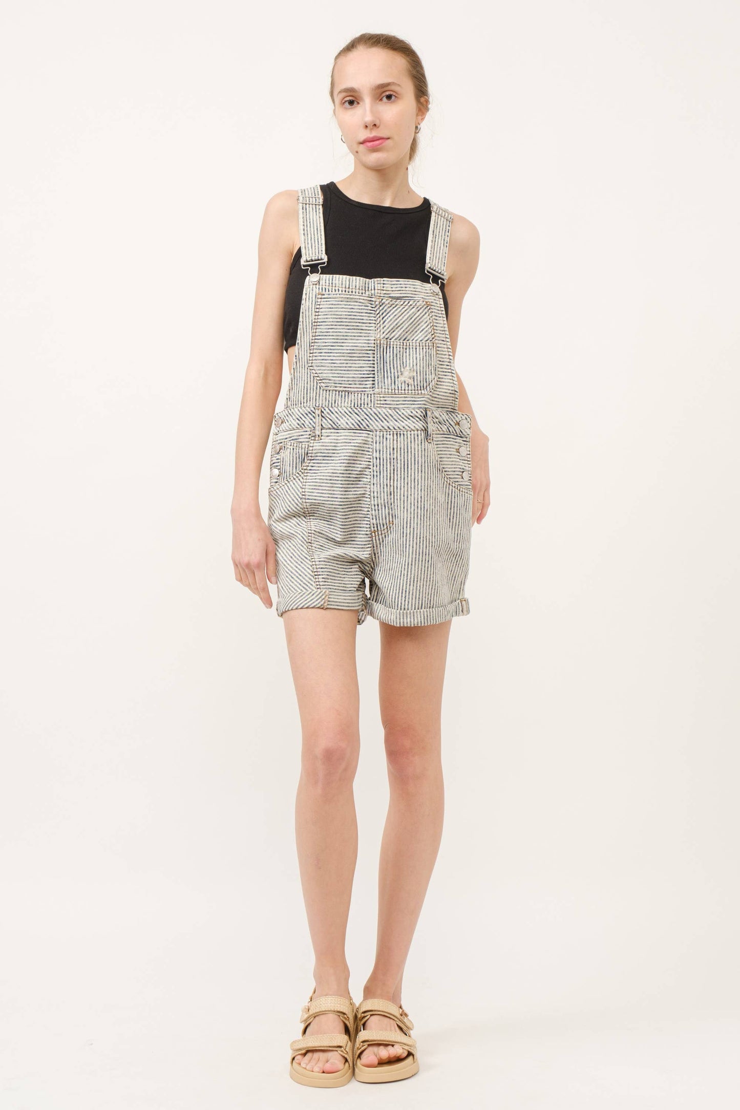 STRIPED DENIM OVERALL SHORTS