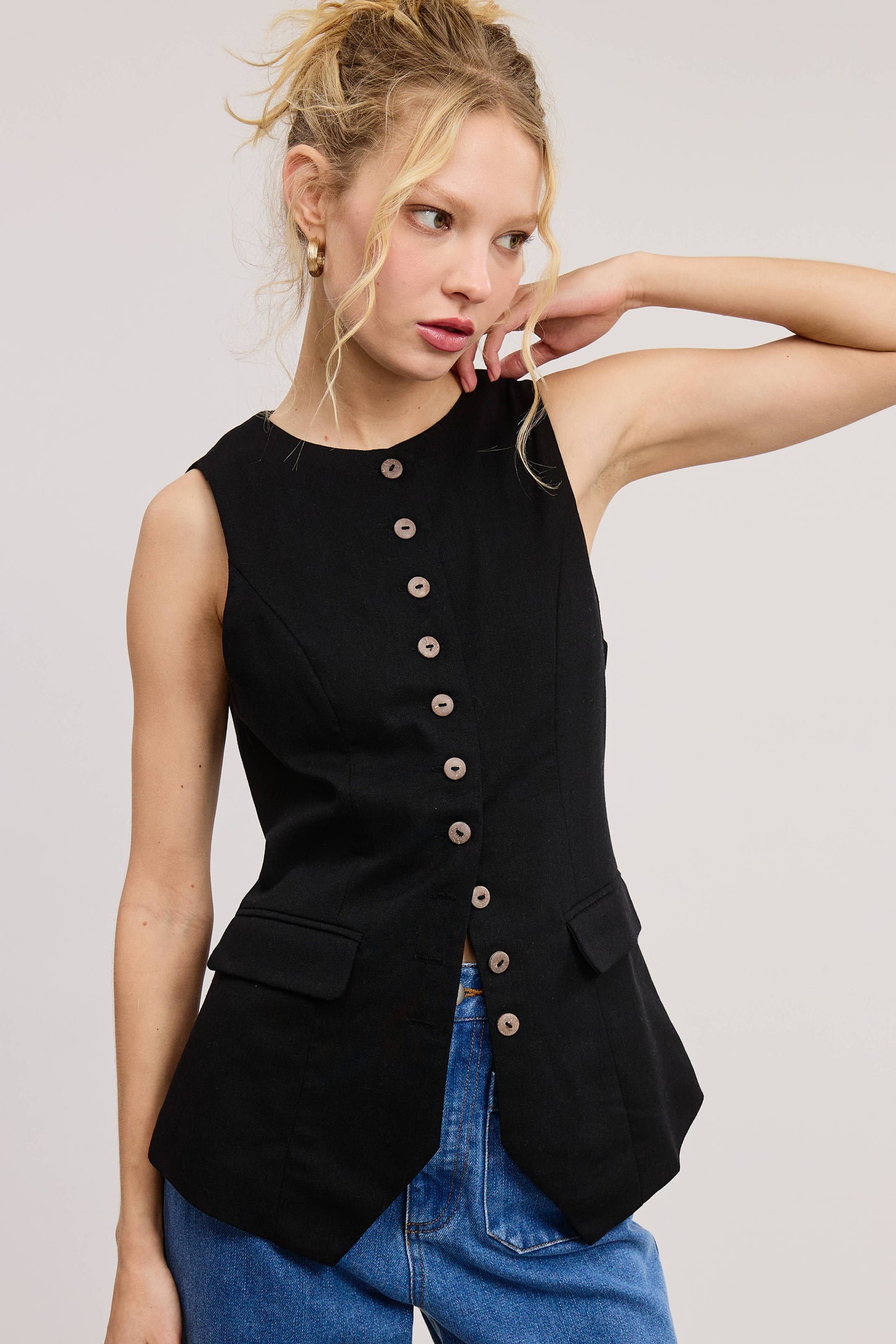 TAILORED BUTTONED VEST ADJUSTABLE BACK BELT