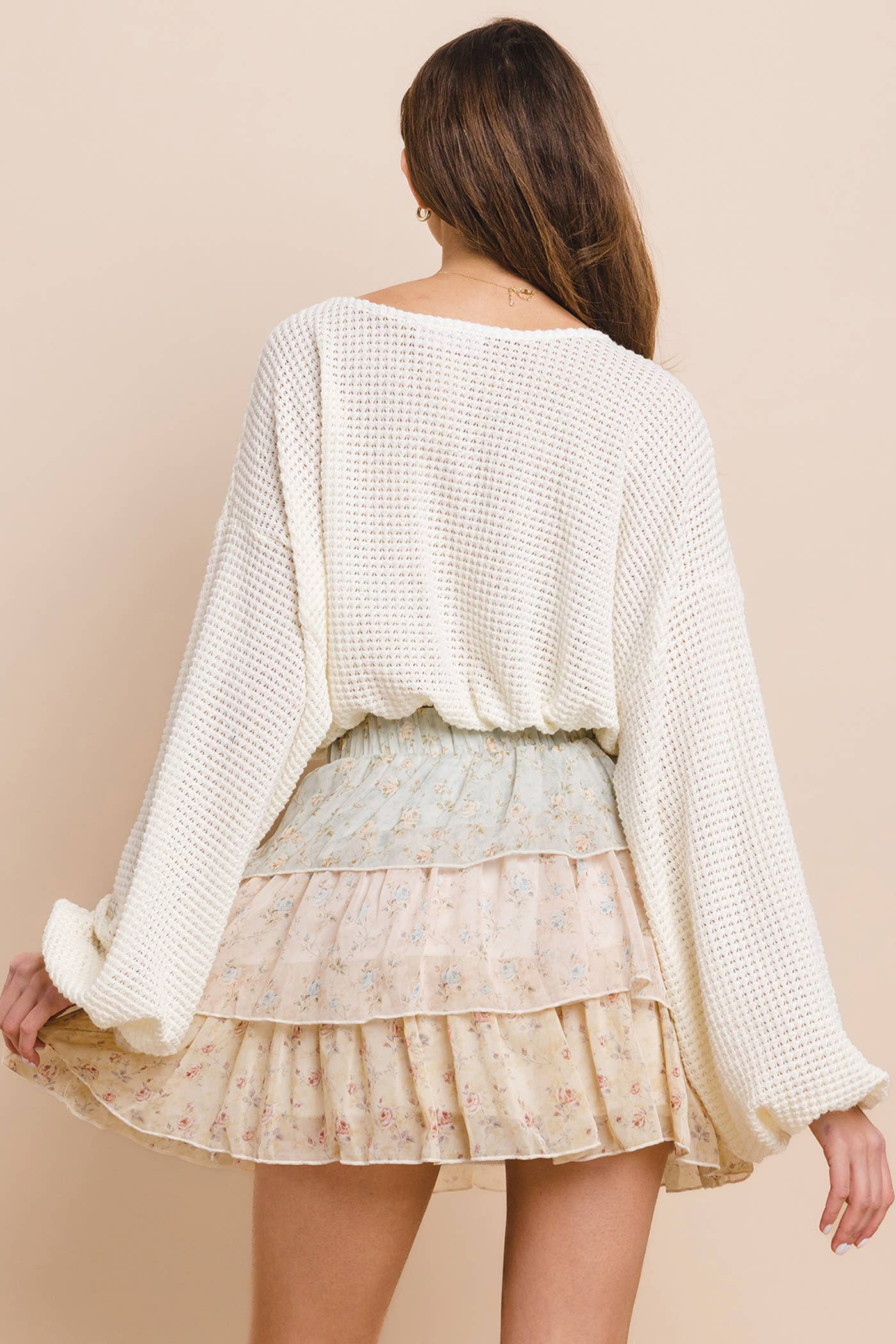 WAFFLE KNIT BUBBLE SLEEVE TOP