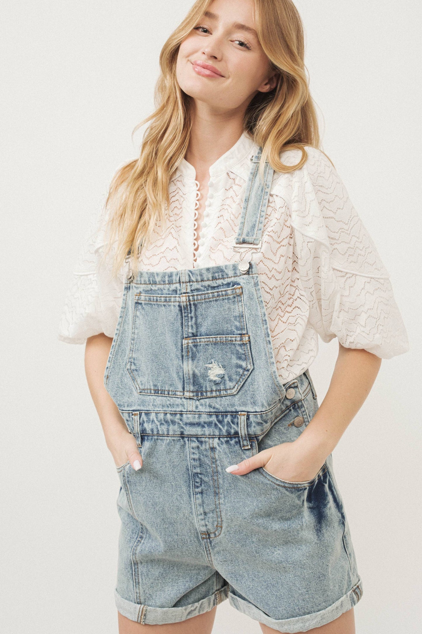 STRIPED DENIM OVERALL SHORTS