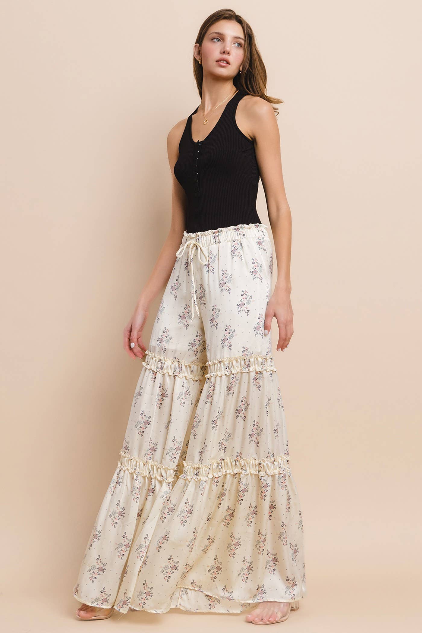 SATEEN FLORAL PRINT TIERED PALAZZO PANTS