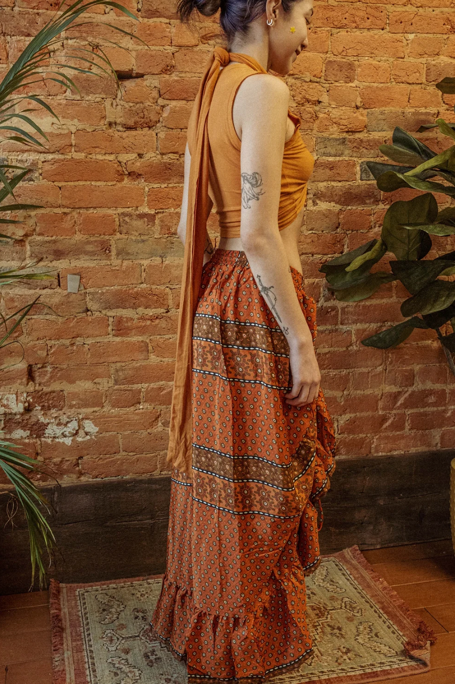 Silk Ruffle Maxi Skirt with Cinch & Flowers