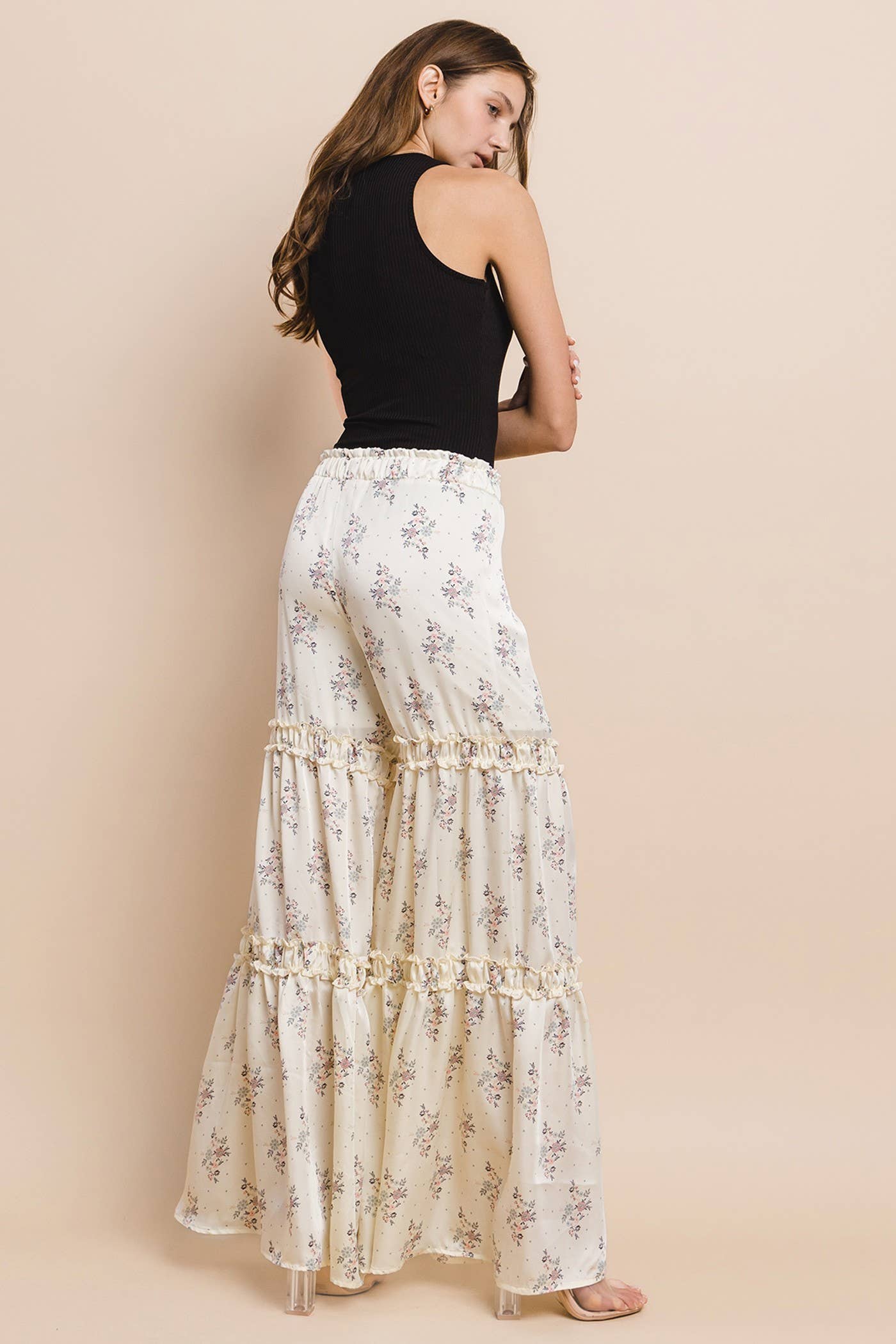 SATEEN FLORAL PRINT TIERED PALAZZO PANTS