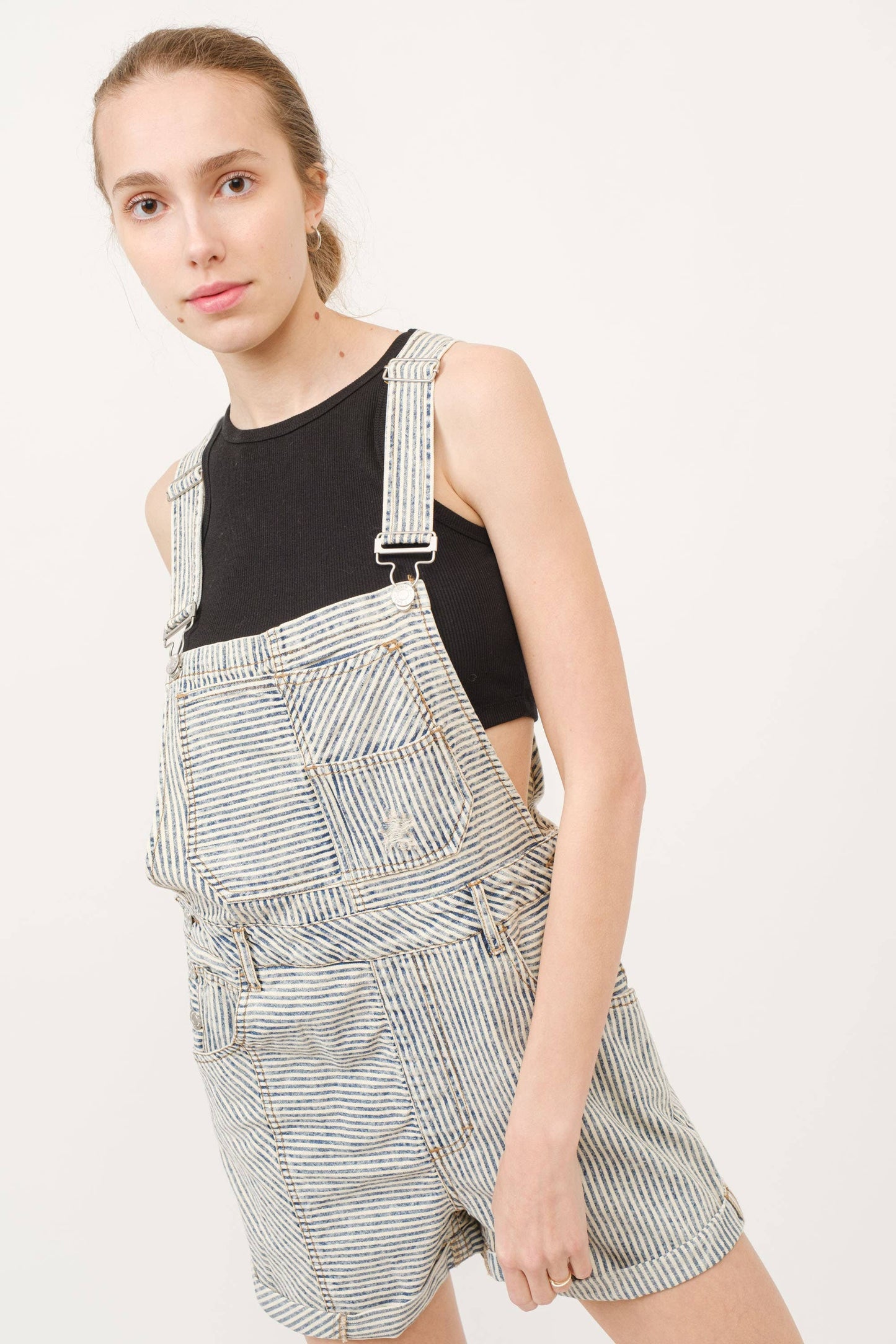 STRIPED DENIM OVERALL SHORTS