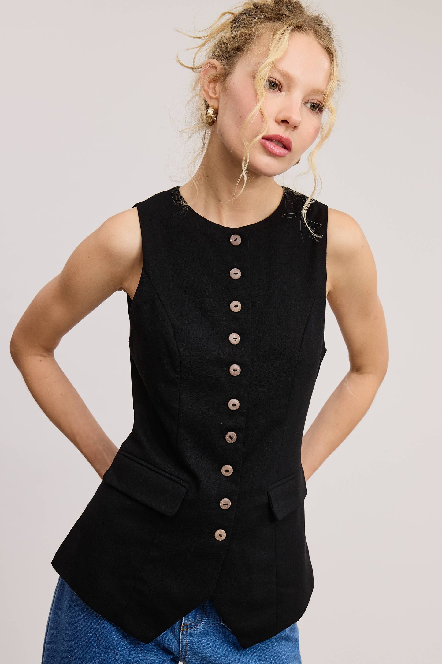 TAILORED BUTTONED VEST ADJUSTABLE BACK BELT